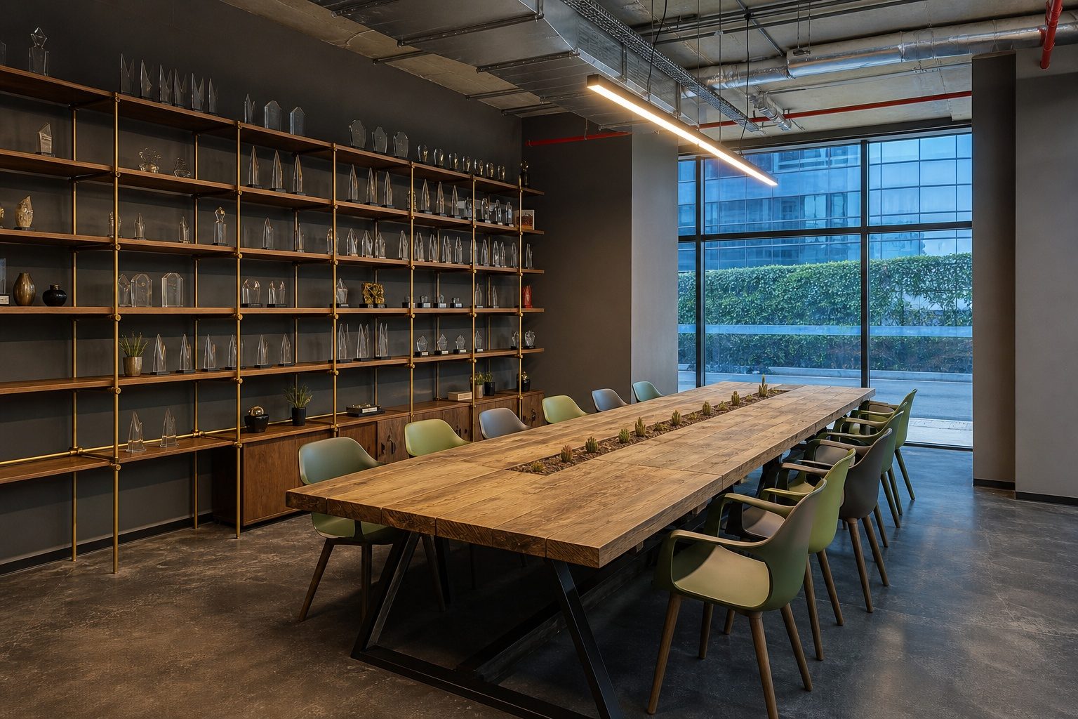 Tamamlanmış bir ofis uygulamasında uzun toplantı masası ve çalışma alanı