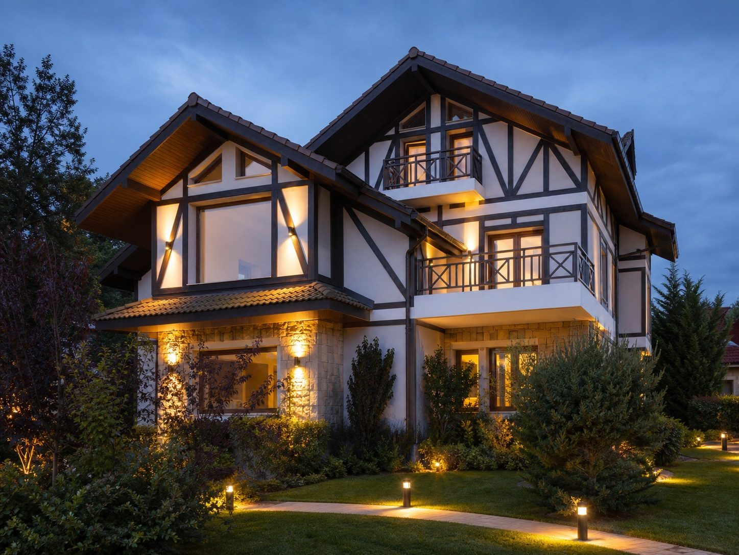 Alacakaranlıkta aydınlatılmış villa cephesi